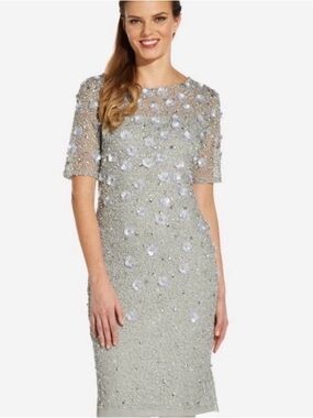 Adrianna Papell Silver Embellished Midi Sheath Dress